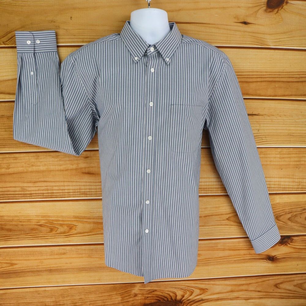 Falls Creek Dress Shirt Button Down Collar Easy Care Mens L Gray White Stripes